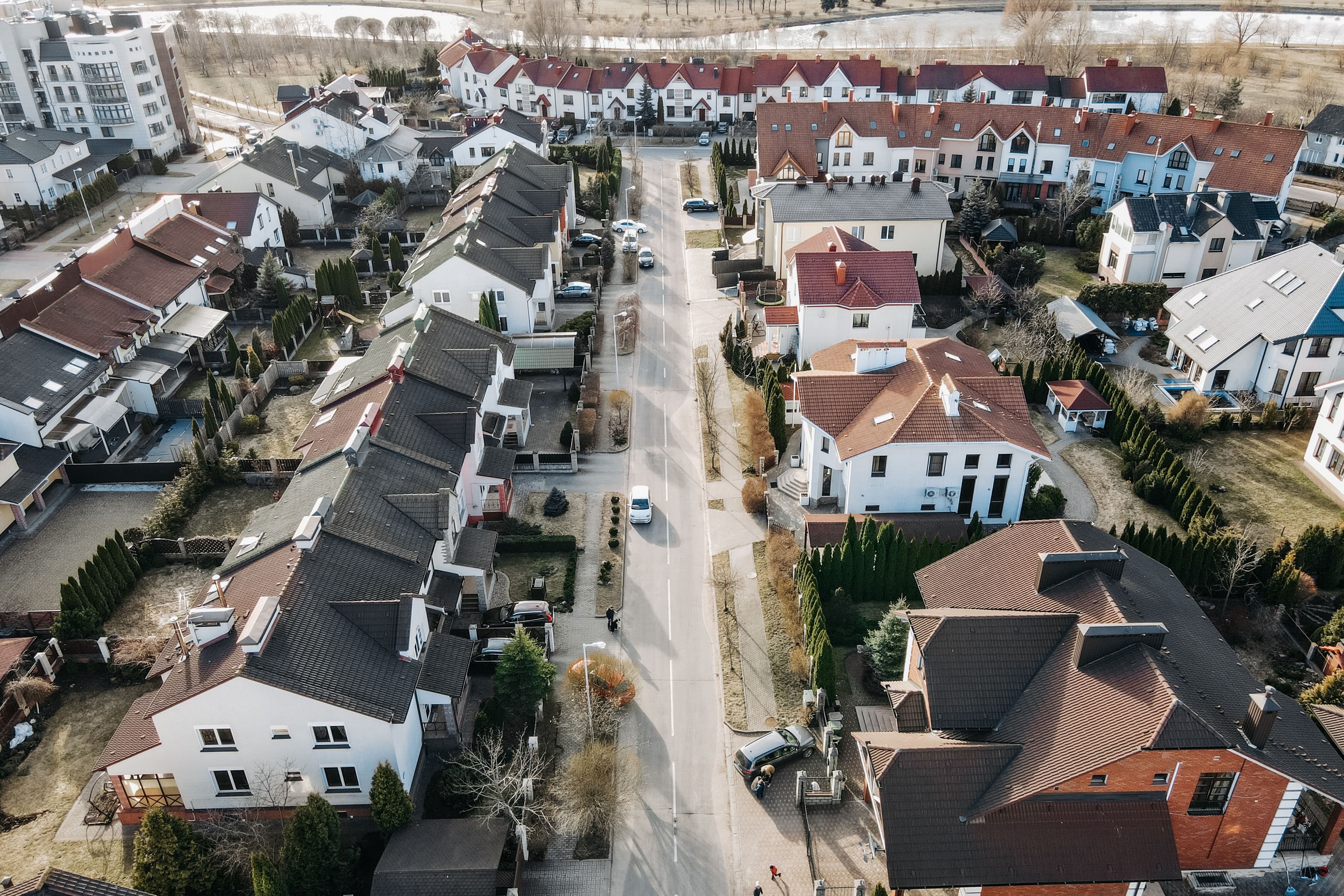 Aerial drone view over a Lowcountry neighborhood near the water