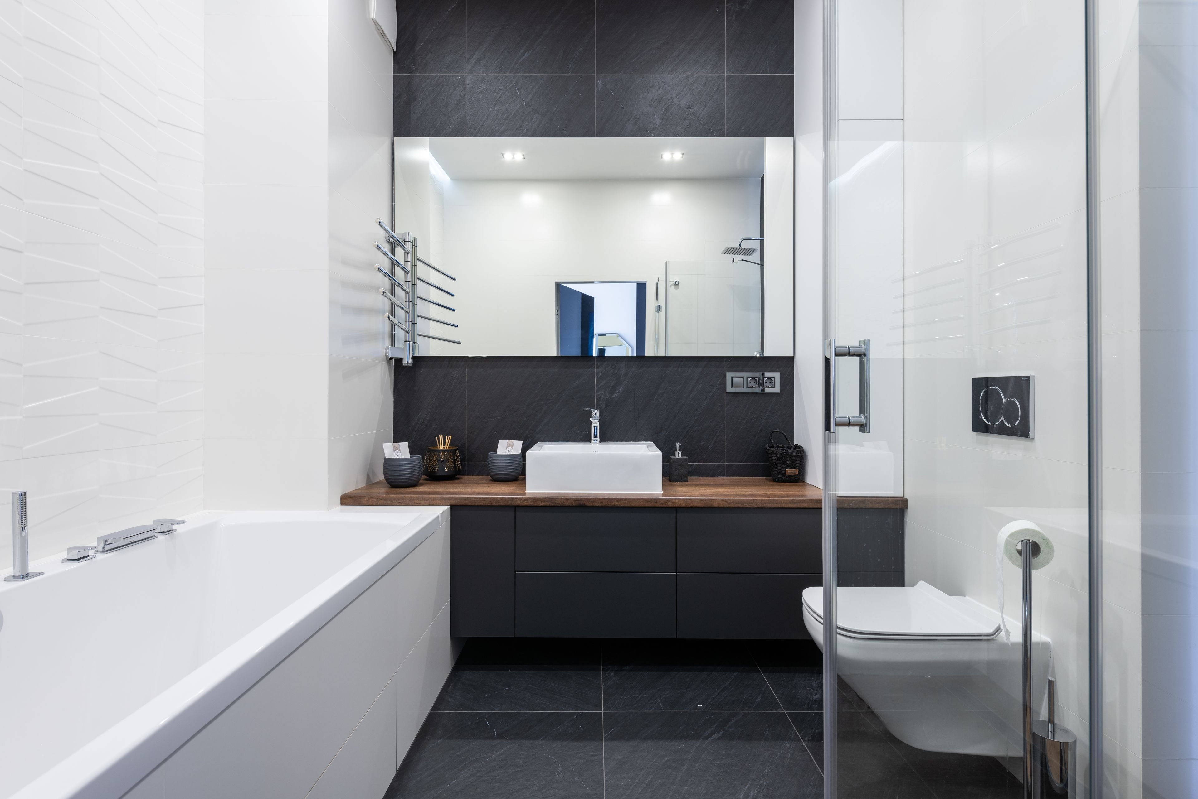Luxury spa bathroom with marble and a glass shower