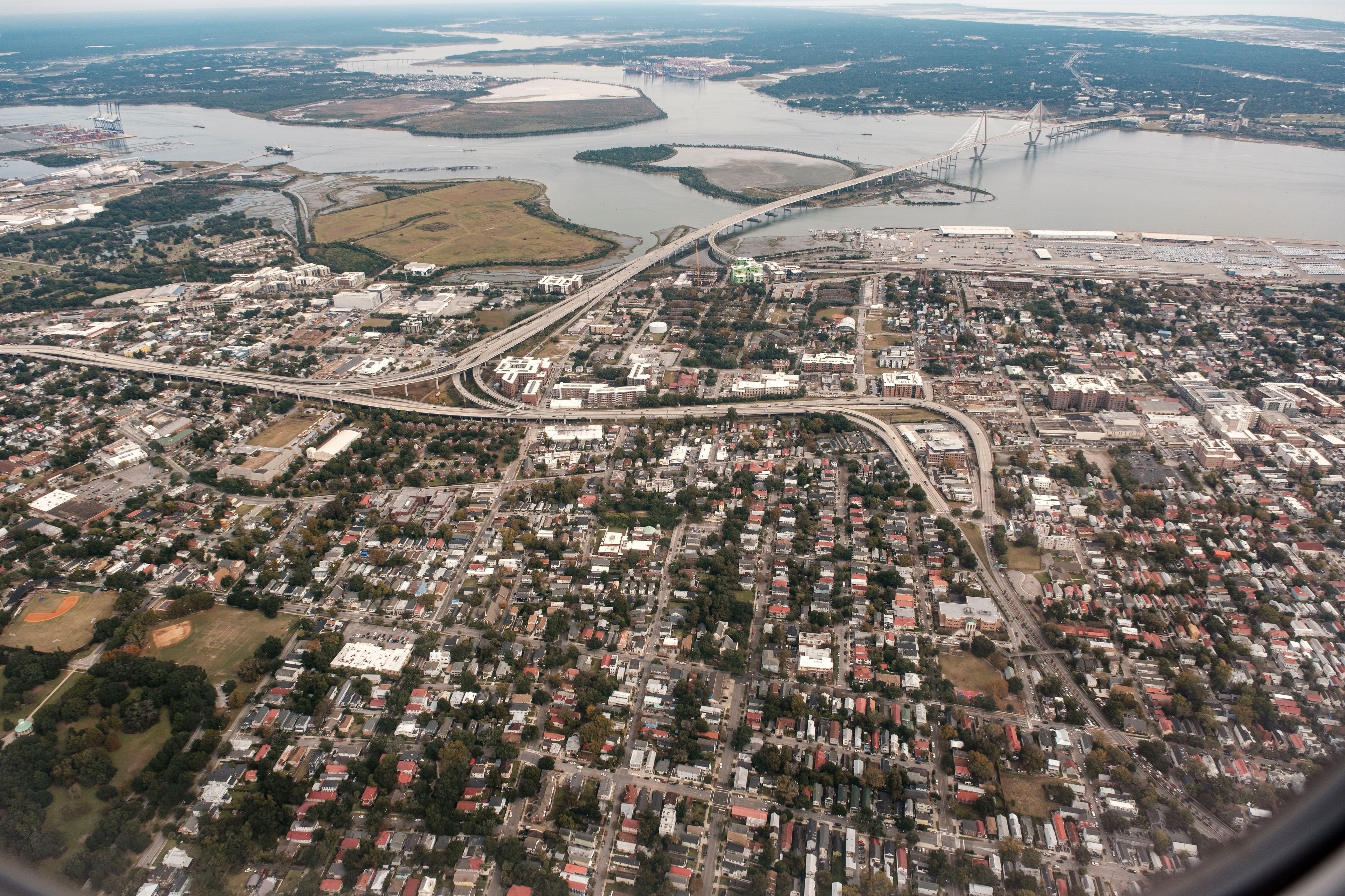 Aerial view of Charleston with the Ravenel Bridge and waterfront
